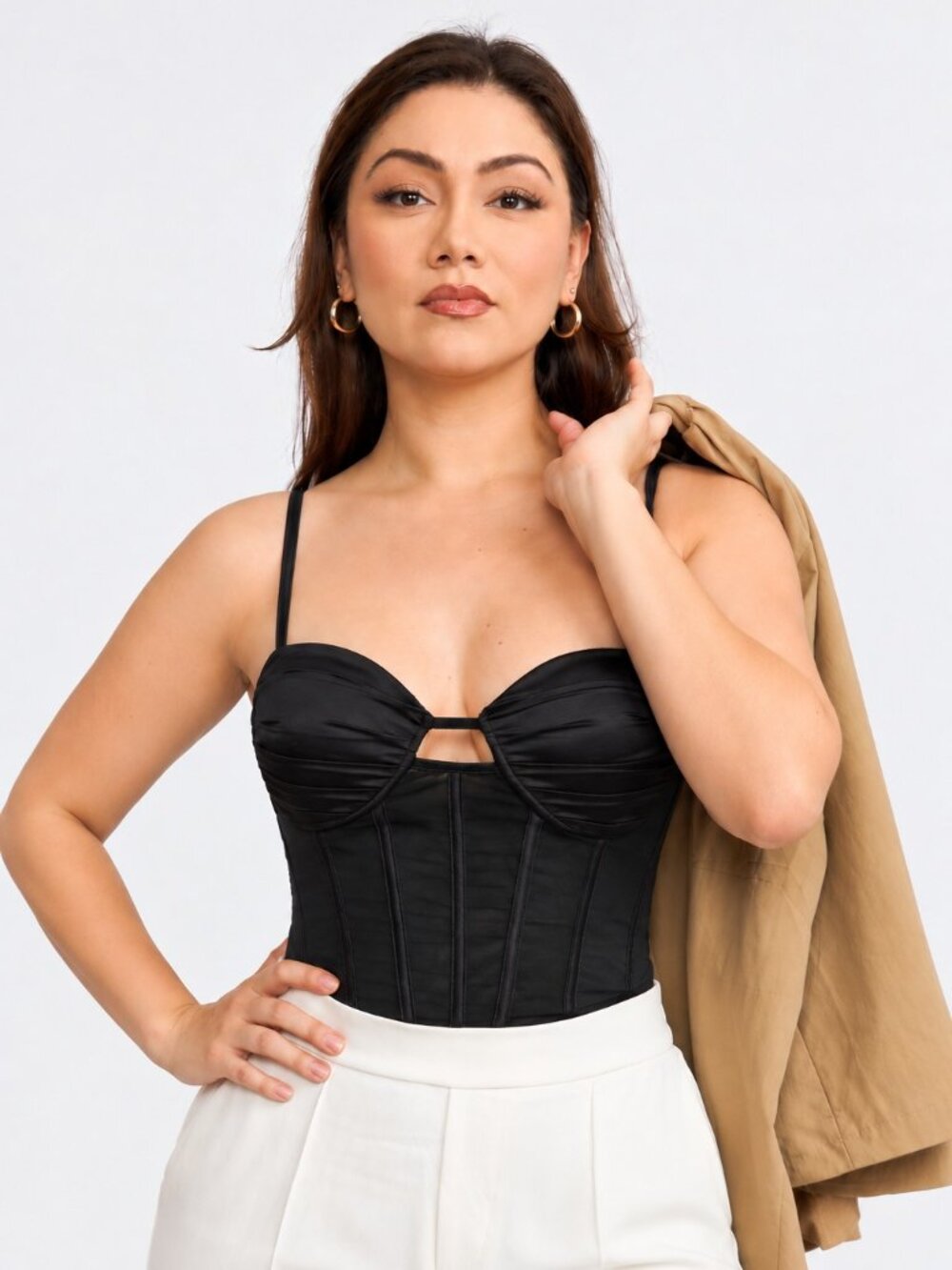 Women’s Satin Bustier Corset Top, Ruched Spaghetti Strap Cropped Top